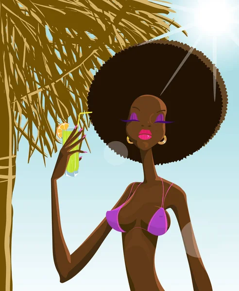 Das Schwarze Mädchen Mit Einem Cocktail Strand — Stockvektor