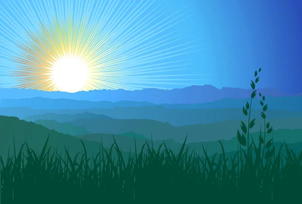 Krajobraz Góry Rosnąco Lub Siedząc Słońce Wektor — Wektor stockowy