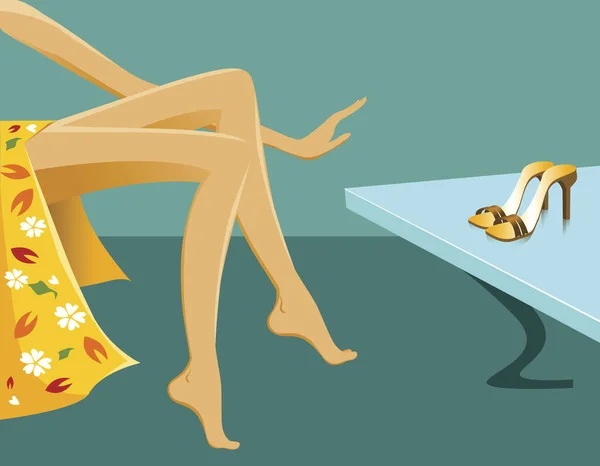 Illustrazione Una Donna Con Scarpe Nuove Sul Tavolo Vetro — Vettoriale Stock