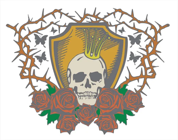 Crâne Avec Couronne Roses Rouges Sur Fond Sombre — Image vectorielle