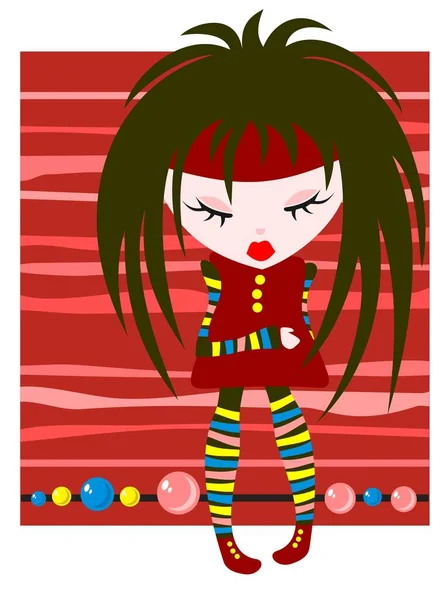 Cartoon Emo Mädchen Auf Einem Rot Gestreiften Hintergrund Mit Perle — Stockvektor