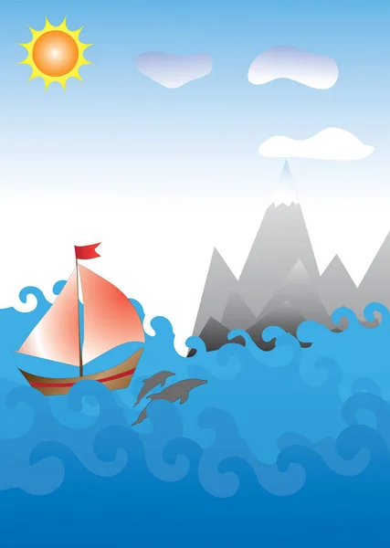 船和海豚在海上 群山在背后 — 图库矢量图片