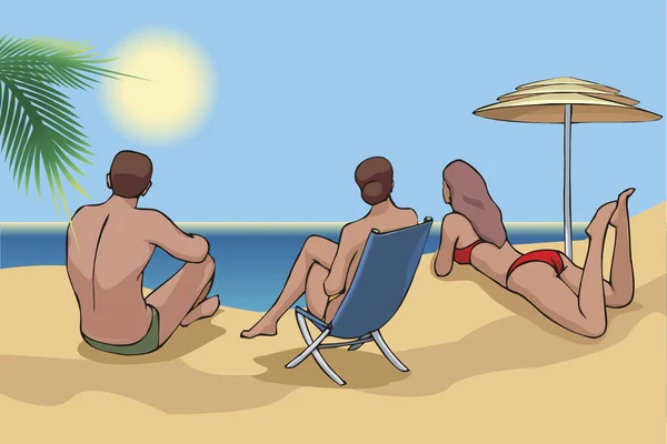 ビーチに座って海を見ている3人の若い大人 — ストックベクタ