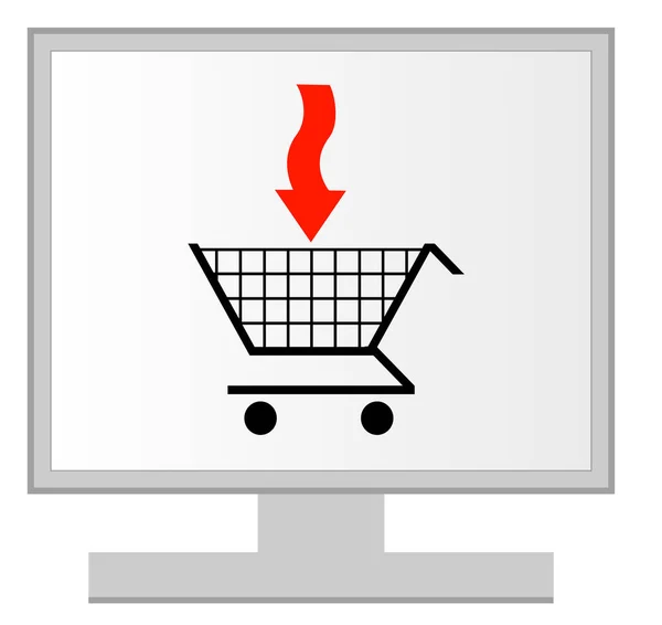 Monitor Komputerowy Koszykiem Czerwoną Strzałką Koncepcja Zakupów Online — Wektor stockowy