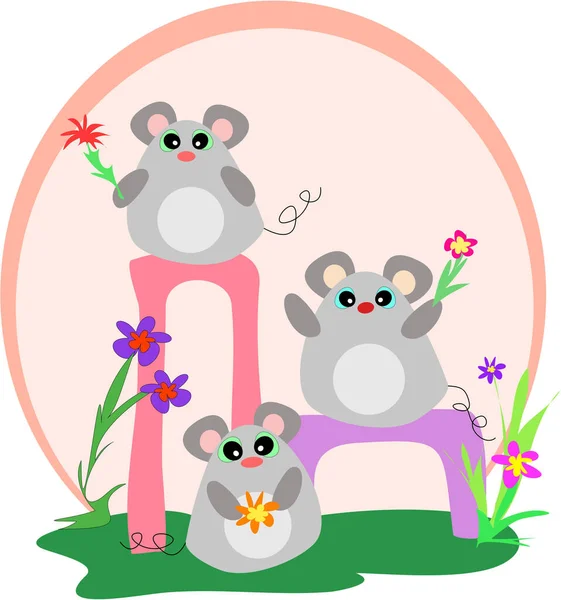 Three Mice Love Commune Colorful Flowers — Stock Vector