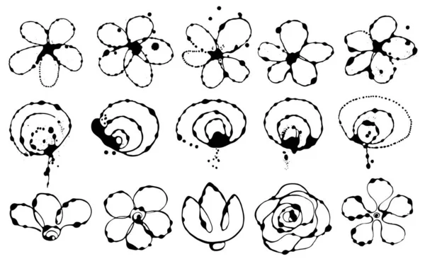 黒と白のインクの花のベクトルセット — ストックベクタ