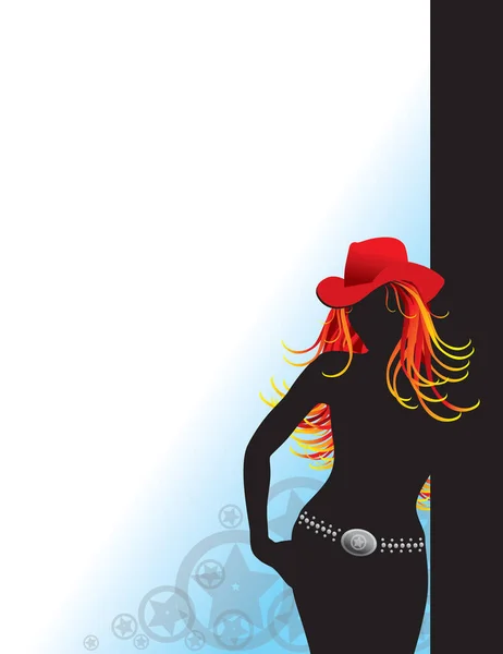 Сексуальная Ковбойша Силуэте Рыжими Волосами Красной Шляпой — стоковый вектор