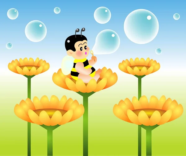 Vector Illustration Baby Bee Blowing Bubble — Stock Vector