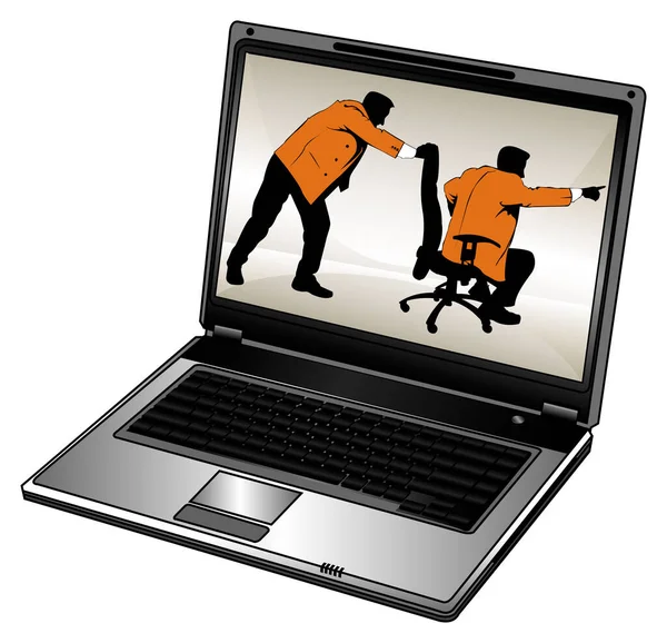 Vektor Humoristisk Siluett Affärsman Och Öppnade Laptop — Stock vektor