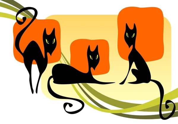 Три Черных Кота Полосатом Фоне Иллюстрация Хэллоуина — стоковый вектор