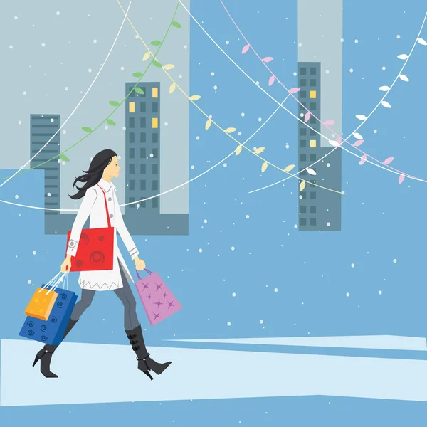 Illustration Eines Mädchens Beim Weihnachtseinkauf Eps — Stockvektor