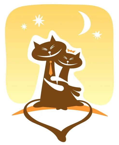 Due Gatti Felici Innamorati Uno Sfondo Giallo Illustrazione San Valentino — Vettoriale Stock