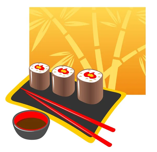 Plate Japanese Rolls Chopsticks Soya Sauce White Background — Stock Vector