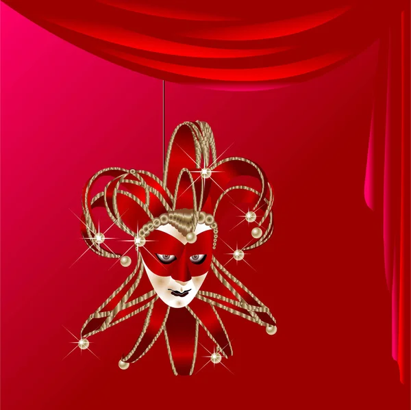 Masque Arlequin Contre Rideau Rouge — Image vectorielle