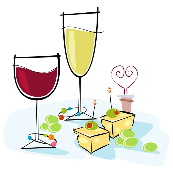 Retro Stilisierte Cocktailspot Illustration Wein Käse — Stockvektor