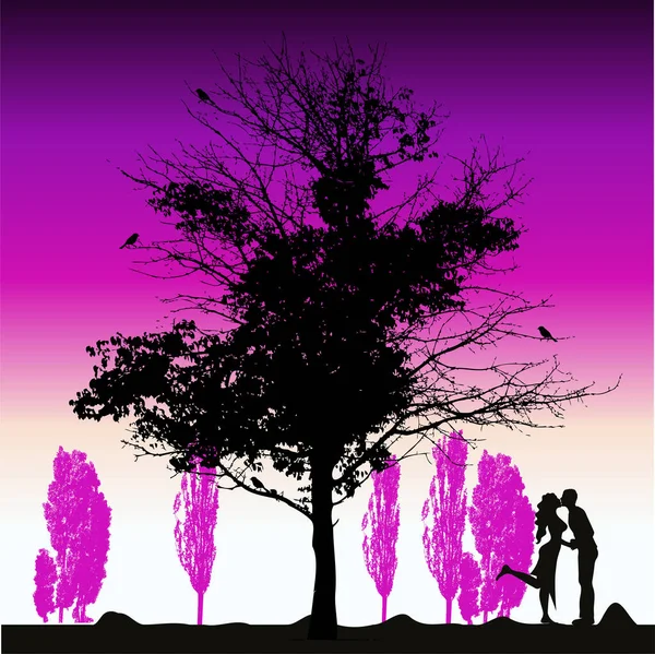 Couple Silhouette Grand Arbre Vieux — Image vectorielle