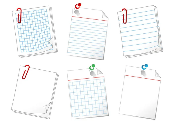 Verschiedene Papierbögen Mit Stiften Und Clips Auf Weißem Hintergrund Befestigt — Stockvektor