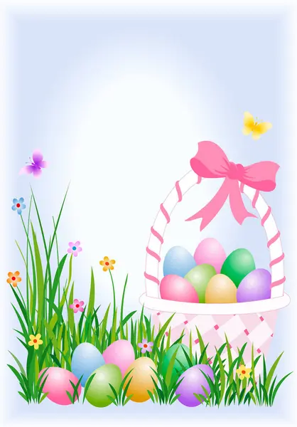 草中装有蛋的复活节篮子 — 图库矢量图片