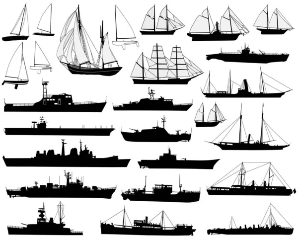 Збірка Детальних Векторних Контурів Човнів Кораблів — стоковий вектор