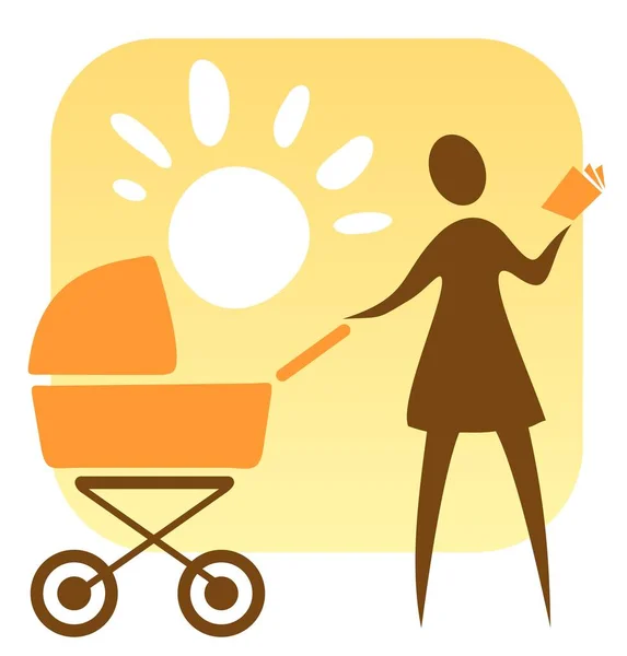 Symbol Der Mutterschaft Stilisierte Frau Mit Kinderwagen Auf Solarem Hintergrund — Stockvektor