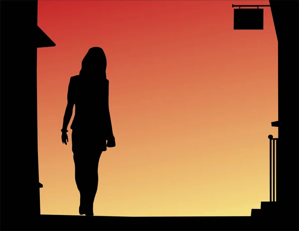 Silhouette Vectorielle Jeune Femme Marchant Dans Une Rue — Image vectorielle