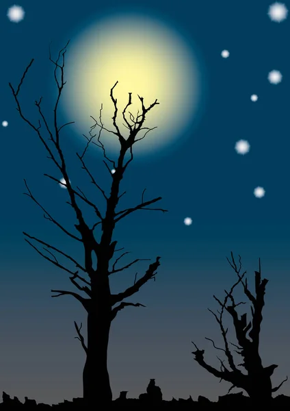 Döda Träd Bakgrund Fullmånen Vektorillustration — Stock vektor