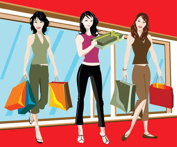 Illustration Détaillée Trois Femmes Avec Des Sacs Provisions — Image vectorielle