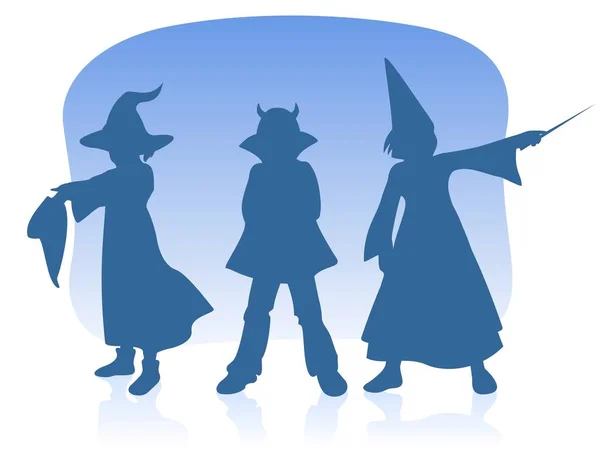 Három Gyermek Sziluettek Kék Háttér Halloween Illusztráció — Stock Vector