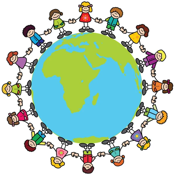 Boldog Gyerekek Fogják Egymás Kezét Világban — Stock Vector