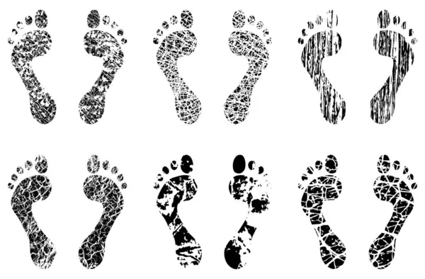 Set Vector Human Footprints Different Grunge Patterns — Stock Vector