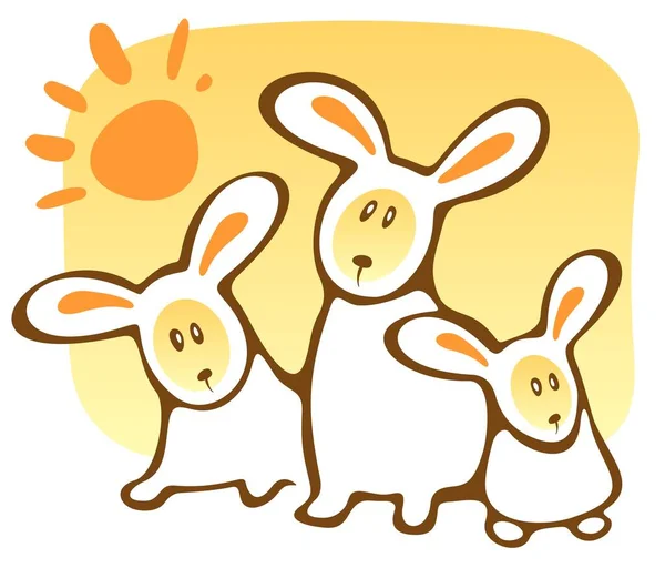 Drei Zeichentrickkaninchen Und Sonne Auf Gelbem Hintergrund — Stockvektor