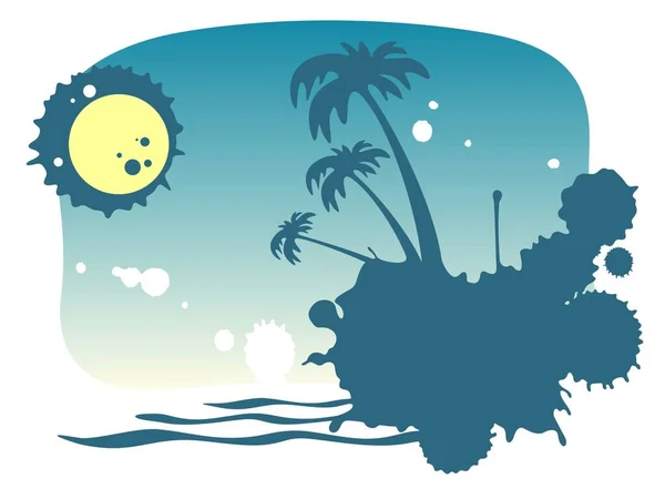 Île Stylisée Avec Palmiers Lune Sur Fond Ciel Nocturne — Image vectorielle