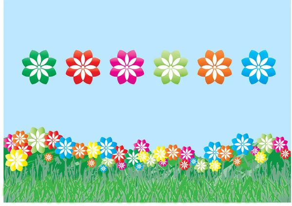 緑の野に咲く春の花のイラスト — ストックベクタ