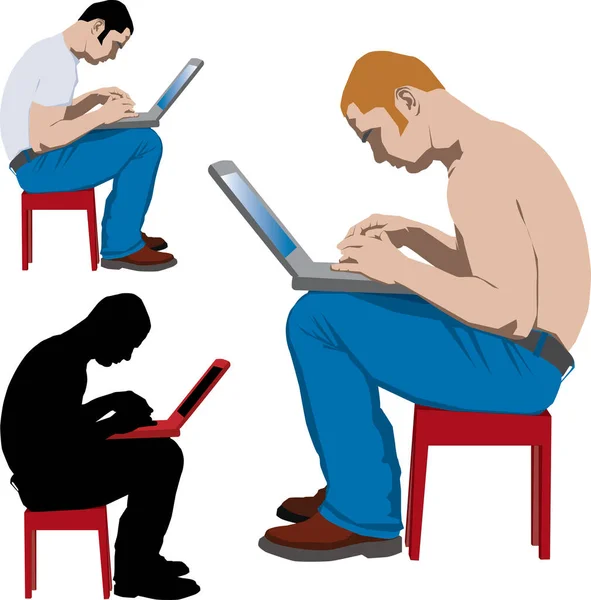 Młody Mężczyzna Siedzi Stole Red Pracując Laptopem — Wektor stockowy