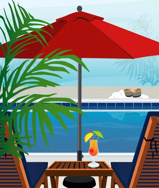 Entspannendes Tropisches Schwimmbad Und Liegestühle Einfach Bearbeitbare Mehrschichtige Datei — Stockvektor