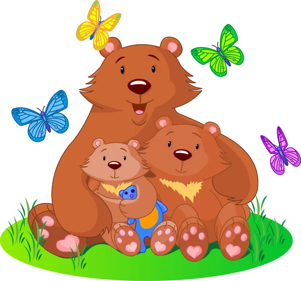 Mãe Urso Senta Prado Com Bebês — Vetor de Stock