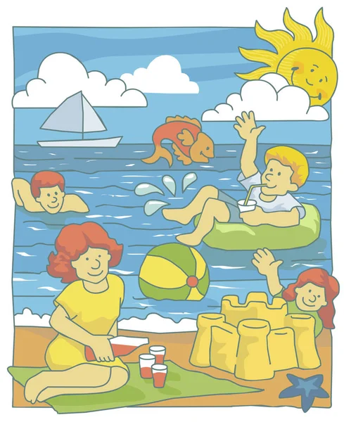 Ilustración Una Familia Divirtiéndose Playa — Vector de stock