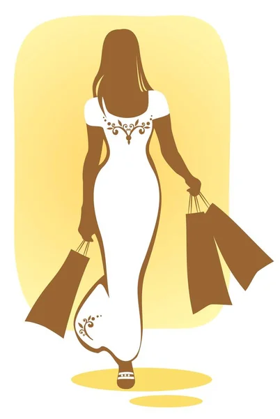バッグを手に白いドレスの女性の茶色のシルエット — ストックベクタ
