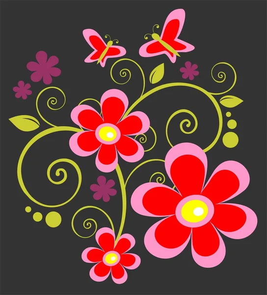 stock vector Cartoon pink flowers and butterflies on a black background.