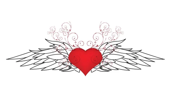 ハート 花と翼を持つバレンタインイラスト — ストックベクタ