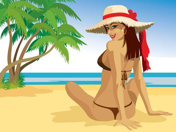 一个漂亮的女孩 在沙滩上享受日光浴 — 图库矢量图片