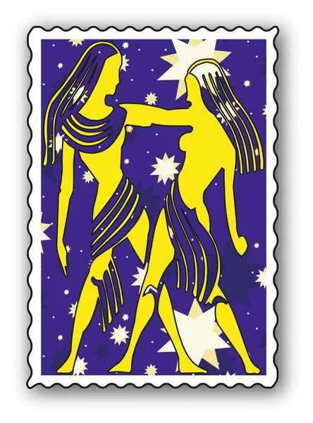 Briefmarke Mit Sternzeichen Zwillinge — Stockvektor