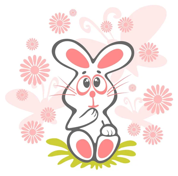 Glada Kanin Och Blommor Isolerad Vit Bakgrund — Stock vektor