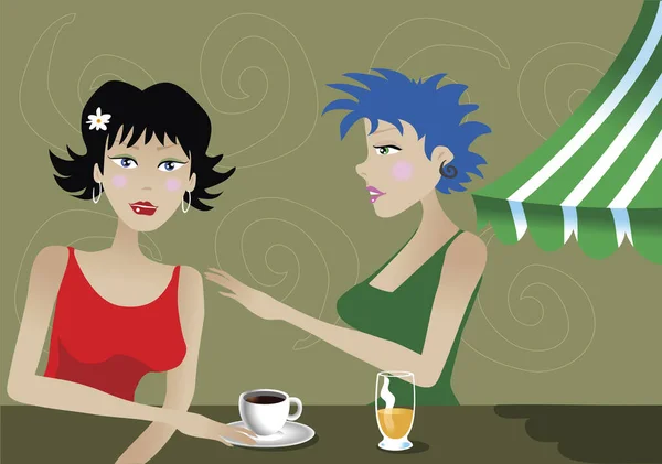 两个现代女人坐在咖啡店里 喝咖啡和啤酒 — 图库矢量图片