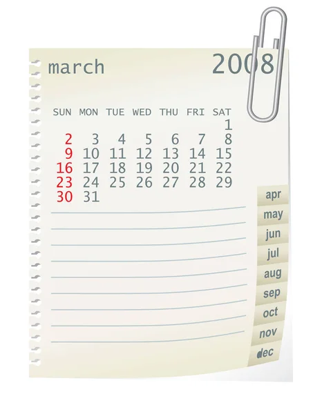 Kalender 2008 Mit Blanknotenpapier Vektorillustration — Stockvektor