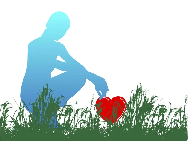Silhouette Young Woman Picking Love Heart Grass — Stock Vector