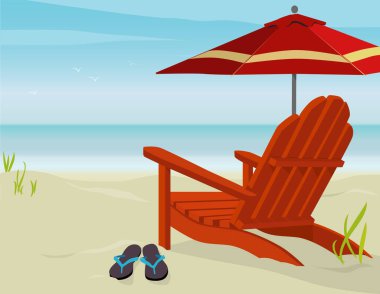 Plajda Adirondack Sandalyesi ve Pazar Şemsiyesi; Kolay düzenlenmiş katmanlı dosya.