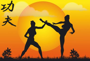 Kung Fu Siluetlerinin Görünümü - Vektör