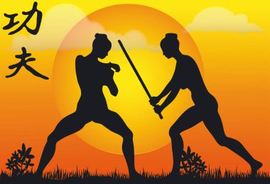 Kung Fu Siluetlerinin Görünümü - Vektör