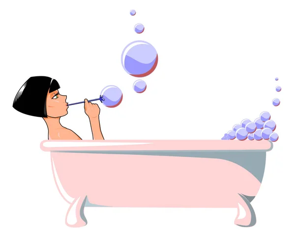 洗澡时带着泡泡糖插图的女孩 所有物体都是完整的 这样你就可以移动它们 轻松编辑矢量文件没有透明度或笔划 — 图库矢量图片